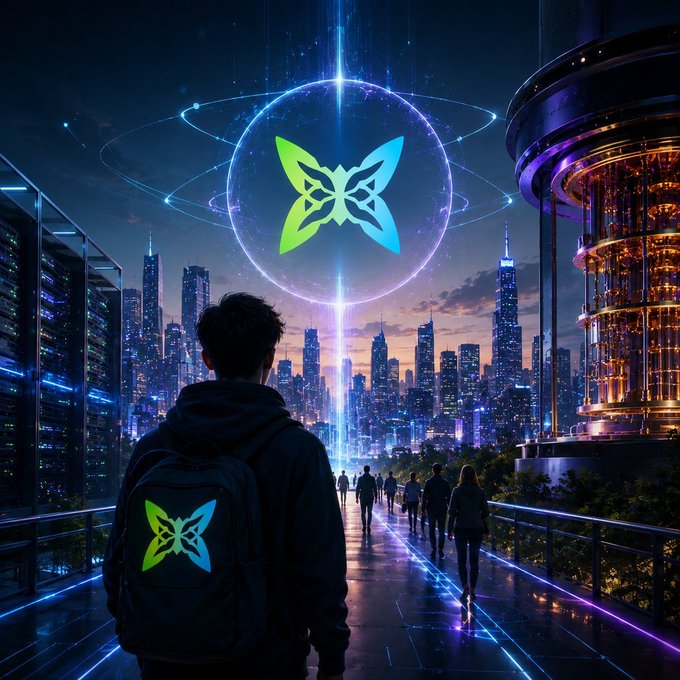 The image features a man walking down a path with a backpack that has a butterfly design, surrounded by a cityscape at night. The scene includes tall buildings, neon lights, and people scattered throughout the area. The caption of the image reads "The biggest infra shifts always happen when everyone is looking the other way. People faded cloud early on. They faded AI too. Right now, the crowd is completely blind to quantum infrastructure. That's why @quipnetwork is a massive outlier. Instead of keeping quantum".
