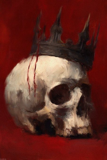 A painting of a human skull wearing a spiked black crown with blood dripping down the side, set against a deep red background. This artwork is the piece titled "gloria in cineres" being offered for 169$ (800 xtz).