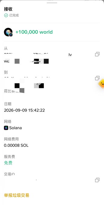 A screenshot of a completed cryptocurrency transaction confirmation page showing a receipt of '+100,000 world' tokens, with the network identified as 'Solana' (network fee 0.00008 SOL), dated 2026-09-09 at 15:42:22, with some wallet addresses partially redacted.