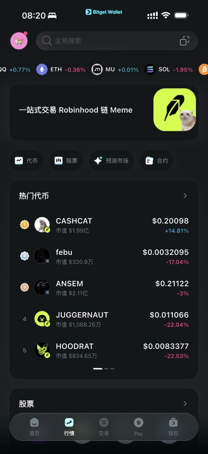 A screenshot of the Bitget Wallet app displaying the "热门代币" (Hot Tokens) section, highlighting $CASHCAT at $0.20098 (+14.81%), $ANSEM at $0.21122 (-3%), and other tokens like febu, JUGGERNAUT, and HOODRAT with their respective market caps. The image ties into the post's promotional message warning users not to miss out on trending meme coins by downloading Bitget Wallet.