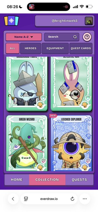 A mobile screenshot of everdraw.io showing a character collection with cards labeled "SHROUDED KNIGHT," "DEEP-SEA BOT," "GREEN WIZARD," and a new "LEECHED EXPLORER" under username @brightinweb3.