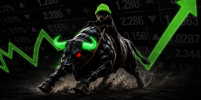 A digital artwork showing a muscular black bull with glowing red eyes and green horns being ridden by a figure in a green beanie, with green upward arrows and stock market numbers in the background.