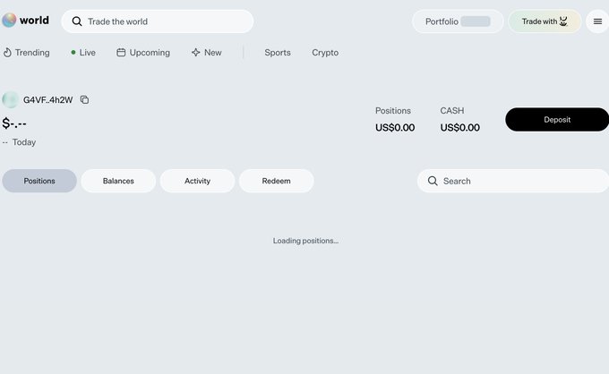 A screenshot of a trading interface with the logo 'world', showing a balance of 'US$0.00', a 'Deposit' button, and navigation tabs for Positions, Balances, Activity, and Redeem.