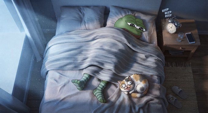 A digital illustration of a cozy bedroom scene where Pepe the Frog is tucked into bed under a blue blanket with only his green feet showing, while a small orange and white cat curls up beside him; a clock on the nightstand reads 'BEEP BEEP BEEP'.