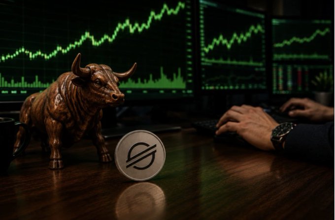 A bronze bull figurine and a coin sit on a wooden desk in front of monitors displaying rising green stock charts, with hands typing on a keyboard.