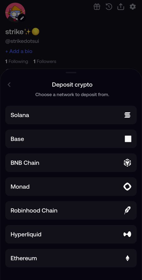 A mobile app screen showing a Twitter/X profile for 'strike' (@strikedotsui) with a 'Deposit crypto' menu listing networks: Solana, Base, BNB Chain, Monad, Robinhood Chain, Hyperliquid, and Ethereum.