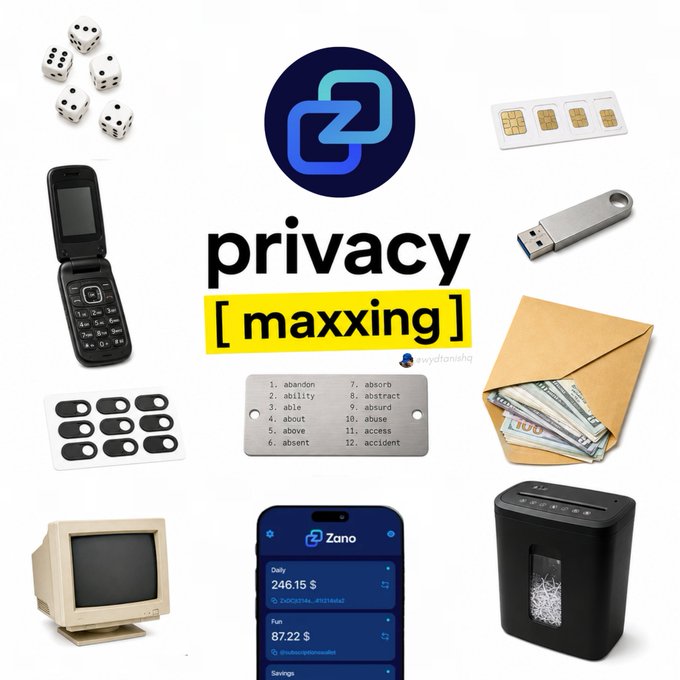 A graphic titled 'privacy [ maxxing ]' featuring the Zano logo, surrounded by images of dice, a SIM card, a flip phone, a USB drive, webcam covers, a metal wallet plate, cash in an envelope, a shredder, a vintage monitor, and the Zano app showing balances of 246.15 $ and 87.22 $.