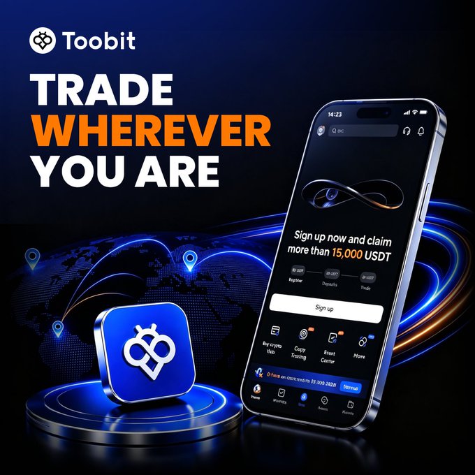 An advertisement for the Toobit cryptocurrency exchange features the tagline "TRADE WHEREVER YOU ARE" and shows a smartphone displaying the app interface offering 15,000 USDT signup bonus, with a blue app icon and world map with location markers.