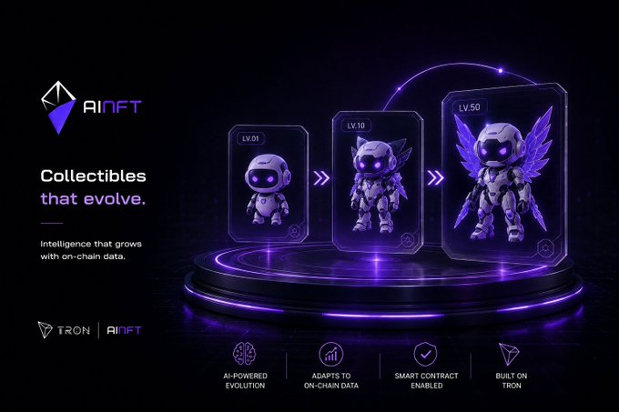 A futuristic promotional graphic for 'AINFT' showcasing 'Collectibles that evolve' with three stages of robot evolution labeled 'LV.01', 'LV.10', and 'LV.50', powered by TRON.