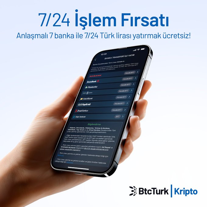A hand holds a smartphone displaying the BtcTurk Kripto app's "Banka Transferi ile Yatır" screen, listing partner banks including Akbank, Denizbank, Fibabanka, İş Bankası, QNB Finansbank, Türkiye İş Bankası, Ziraat Bankası, and Diğer bankalar. The ad promotes 7/24 fee-free Turkish Lira deposits through 7 partner banks, reinforcing the post's message about seamless TRY funding for #USDT and #TRY trading pairs on BtcTurk Kripto.