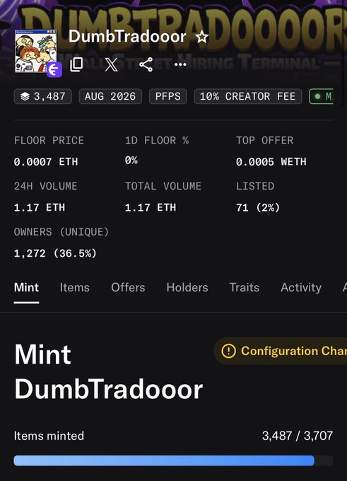 The image shows a NFT collection page for "DumbTradooor" featuring 3,487 items minted (out of 3,707), with a floor price of 0.0007 ETH, a 24H volume of 1.17 ETH, and 1,272 unique owners—reflecting the post's casual "gamble" attitude toward minting in this low-floor, modest-volume project.