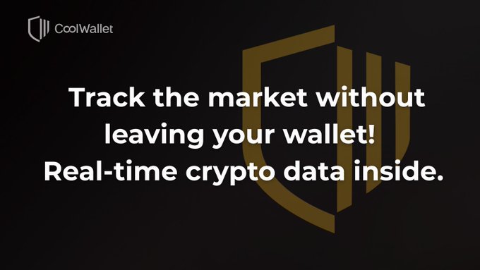 A dark promotional banner for 'CoolWallet' featuring its gold shield logo and the text 'Track the market without leaving your wallet! Real-time crypto data inside.'