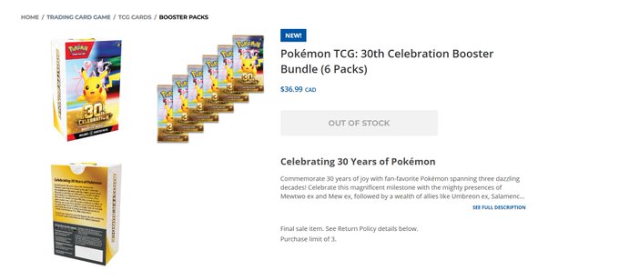 The image shows a Pokémon TCG: 30th Celebration Booster Bundle (6 Packs) listed as a "NEW" final sale item for $36.99 CAD, currently marked "OUT OF STOCK" with a purchase limit of 3. The "COOKED AGAIN!?" caption reflects frustration at missing out on the limited release, as the popular anniversary bundle appears to have already sold out.