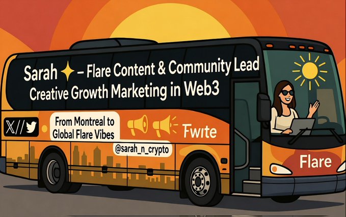 A stylized illustration of a tour bus features Sarah, Flare Content & Community Lead, as the driver with the text "From Montreal to Global Flare Vibes," social icons, and her handle "@sarah_n_crypto" alongside megaphones and the word "Fwrite." The bus motif, with Sarah "driving," cleverly ties into the post's "driving the bus on the 4th of July" caption, celebrating her role leading Flare's community.