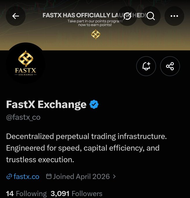 A screenshot of FastX Exchange's (@fastx_co) verified Twitter/X profile, featuring the announcement "FASTX HAS OFFICIALLY LAUNCHED - Take part in our points program now to earn points!" with the profile description "Decentralized perpetual trading infrastructure. Engineered for speed, capital efficiency, and trustless execution," linking to fastx.co and showing 3,091 followers with 14 following. The image aligns with the accompanying post about an Alpha Project NFT drop of 5,000 units (free, on Robinhood chain) tied to FastX Exchange's decentralized perpetual trading platform, requiring follows to @fastx_co for updates.