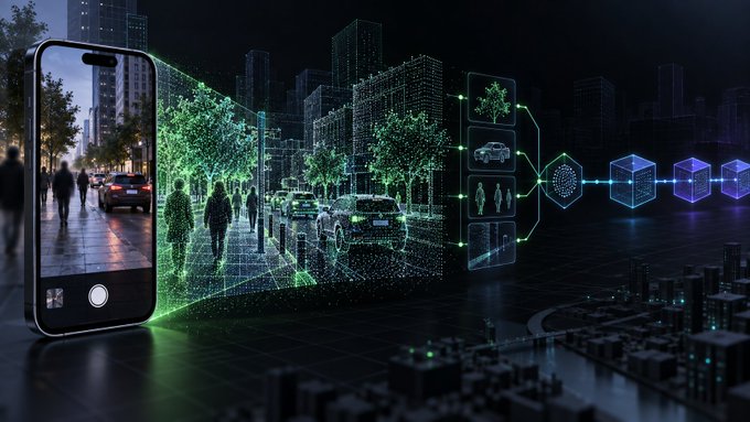 A conceptual tech image showing a smartphone with a camera app projecting a holographic green data interface over a nighttime cityscape, depicting AI-driven analysis of pedestrians and vehicles flowing into data blocks.
