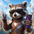 The image shows Rocket Raccoon (in an Avengers-style design) wearing sunglasses and giving a peace sign, holding a smartphone that displays a "VOTE" screen — visually reinforcing the post's call to action to vote in the Valdir Heroes Voting contest and support the Orc War Priestess entry, "Grama Dhur."