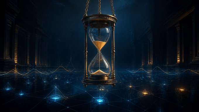 Digital artwork depicting an ornate golden hourglass suspended by chains in a dark, atmospheric setting with glowing blue and orange nodes connected by light trails across a reflective floor.