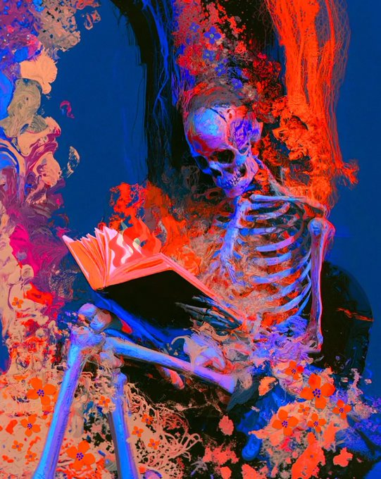 A vivid, psychedelic digital artwork portrays a blue skeleton holding a book, surrounded by bright red and orange flowers and swirling colors against a dark blue background.
