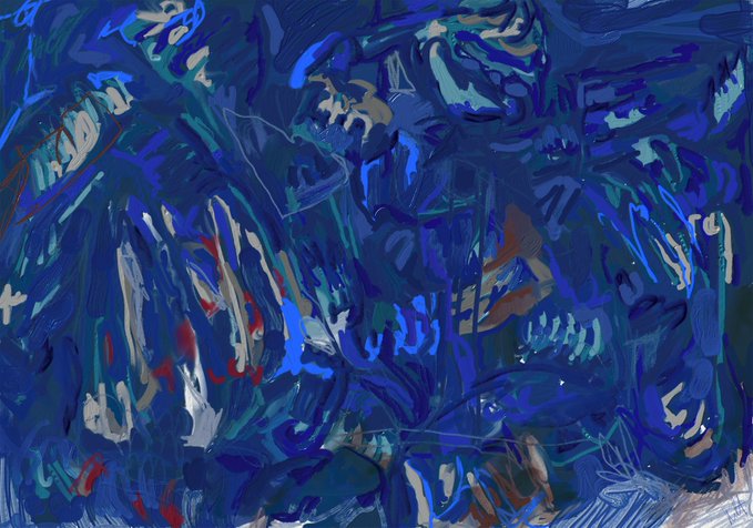 An abstract painting dominated by swirling brushstrokes of various shades of blue, with accents of white, gray, and small touches of red.