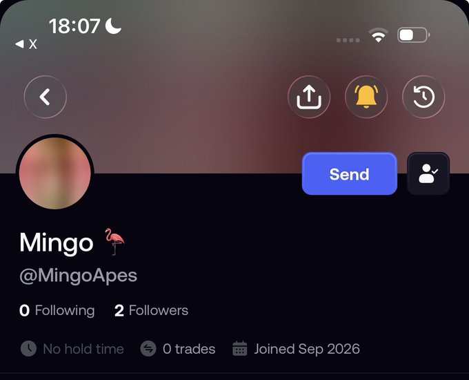 A mobile screenshot shows the profile page of "Mingo" (@MingoApes) with a flamingo emoji, displaying 0 Following, 2 Followers, 0 trades, no hold time, and a join date of Sep 2026. The post promotes a $10 giveaway (GA) requiring users to follow MingoApes on Fomo, like, retweet, and drop their Solana addresses within 12 hours for a chance to win.