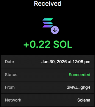 A screenshot of a successful Solana transaction confirmation showing "+0.22 SOL Received" from wallet 3MVJ...ghg4 on June 30, 2026, documenting the payment for the 550,000 $TPI token purchase mentioned in the post.