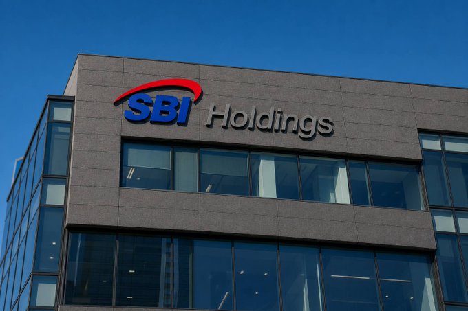 The exterior of an office building displaying the 'SBI Holdings' company logo against a clear blue sky.