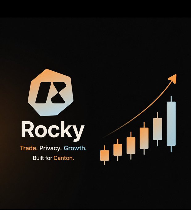 Logo for 'Rocky' with the tagline 'Trade. Privacy. Growth. Built for Canton.' alongside an orange upward trending candlestick chart.