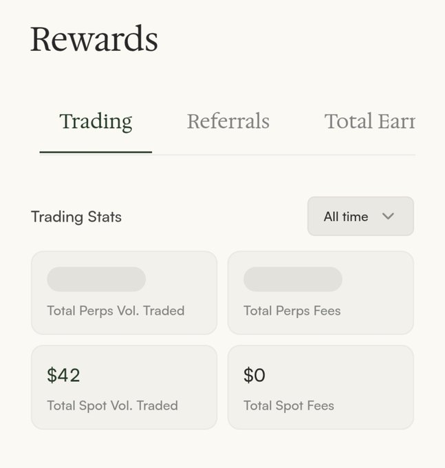 A rewards dashboard interface shows trading statistics with tabs for Trading, Referrals, and Total Earnings, displaying $42 Total Spot Vol. Traded and $0 Total Spot Fees.