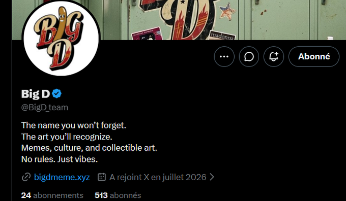 A screenshot of an X (Twitter) profile for 'BigD' (@BigD_team) with a verified badge, describing itself as 'The name you won't forget. The art you'll recognize. Memes, culture, and collectible art. No rules. Just vibes.' with 24 following and 513 followers.