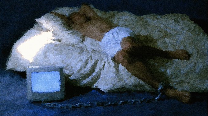 Pixelated/painterly digital art depicting a person sleeping in bed, chained at the ankle to a pillow, with a glowing light illuminating the scene.