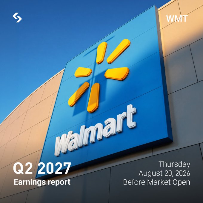 The image shows a Walmart storefront sign with the iconic yellow spark logo on a blue background, overlaying text announcing "WMT Q2 2027 Earnings Report" scheduled for "Thursday, August 20, 2026 Before Market Open." The graphic serves as a visual prompt for discussing Walmart's upcoming quarterly earnings results.