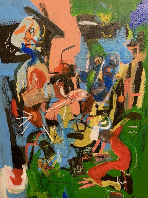 An abstract expressionist painting with thick, textured brushstrokes in vibrant colors including green, blue, orange, red, and yellow, featuring abstract figurative forms on a multi-colored background.