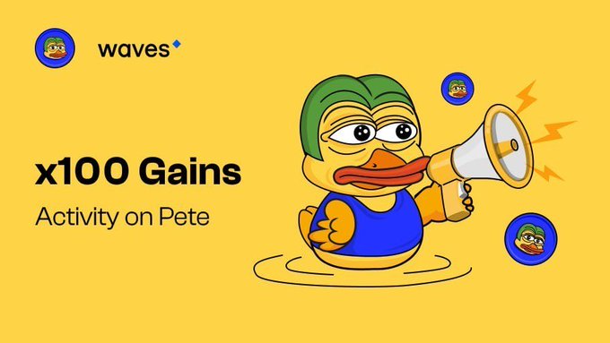 A promotional graphic with the "waves" logo reading "x100 Gains Activity on Pete", featuring a cartoon duck wearing a green helmet and blowing a megaphone.