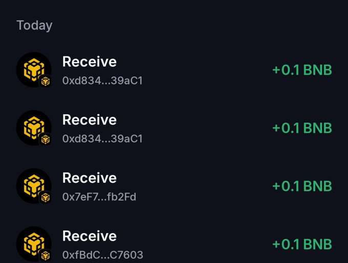 A dark-themed transaction history screen shows four 'Receive' entries today, each adding '+0.1 BNB' from different wallet addresses starting with '0xd834...39aC1', '0x7eF7...fb2Fd', and '0xfBdC...C7603'.