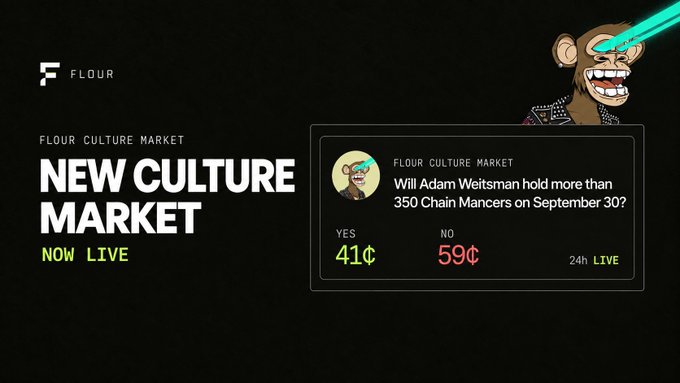 A black promotional banner for 'FLOUR CULTURE MARKET' advertising a new culture market now live, featuring a Bored Ape NFT character and a prediction market asking 'Will Adam Weitsman hold more than 350 Chain Mancerse on September 30?' with YES at 41¢ and NO at 59¢.