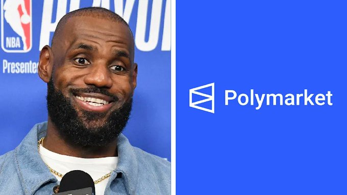 A split image showing NBA player LeBron James speaking at a podium on the left and the Polymarket logo on a blue background on the right.