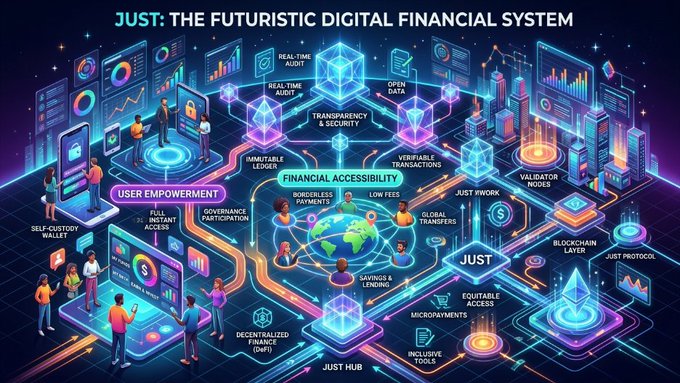 The image is a vibrant, futuristic infographic titled "JUST: THE FUTURISTIC DIGITAL FINANCIAL SYSTEM," illustrating a decentralized finance (DeFi) ecosystem with labeled features such as "User Empowerment," "Financial Accessibility," "Real-Time Audit," "Transparency & Security," "Just Hub," and "Just Protocol." It depicts interconnected digital elements like blockchain layers, validators, global transfers, and user-friendly wallets, visually reinforcing the post's focus on JUST's role within the TRON ecosystem as a DeFi project that emphasizes accessibility, transparency, and user empowerment.