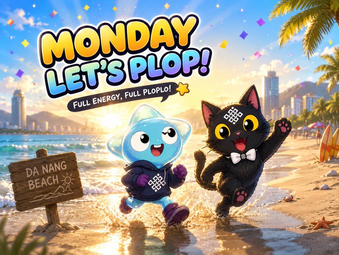 The image features a cartoon cat and a cartoon character with a blue face running together on a beach scene. The caption below the image reads "gPloplo @0xploplo One question for the @ritualnet fam: What are you building, learning, or grinding this week? Could be crypto. Could be AI. Could be life. Let' s hear it".