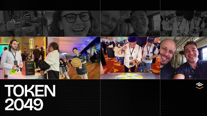 A collage of event photos features attendees, with large text reading 'TOKEN 2049' at the bottom left.