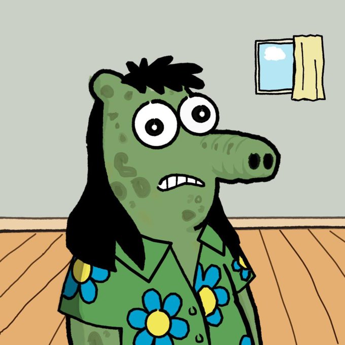 A cartoon illustration of a green, reptilian character with long black hair wearing a blue floral shirt, standing in a room with wooden floors and a window.