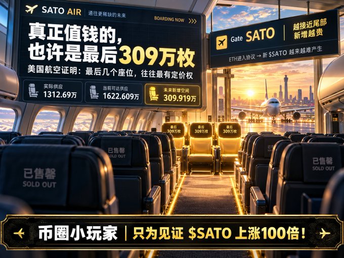 An advertisement for "SATO AIR" showing an airplane interior with gold seats and text promoting $SATO rising 100x, with 309万 seats remaining.
