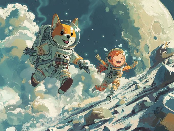 A whimsical digital illustration of a smiling Shiba Inu dog in an astronaut suit with "ASTEROID" on its chest floating alongside a young girl astronaut over a rocky lunar landscape.