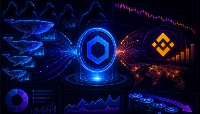 A dark-themed financial dashboard display features a central Chainlink (LINK) hexagonal logo emitting blue light beams, flanked by whale silhouettes, candlestick charts, and a glowing Binance logo on the right, with world maps and various trading analytics surrounding them.

The image visually reinforces the article's bullish narrative by symbolizing large whale accumulation (left side) flowing into Chainlink's ecosystem (center) on Binance's exchange (right), with the upward-trending charts and buy volume indicators reflecting the "Bullish Pennant" formation and rebounding buy volume mentioned in the post.