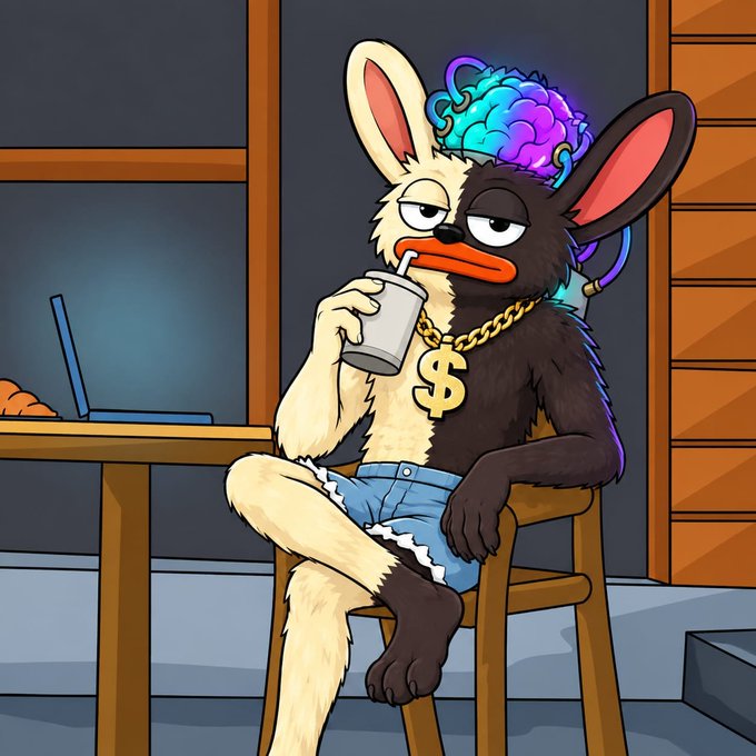 A cartoon rabbit with a half-white, half-black body, wearing ripped jeans and a gold "$" chain, sits slouched in a chair sipping from a cup, with a colorful glowing brain exposed on top of its head. The image satirizes the "every wallet gets 200,000" $SOL airdrop claim, visually mocking the low-effort, brainless nature of the crypto giveaway scam.