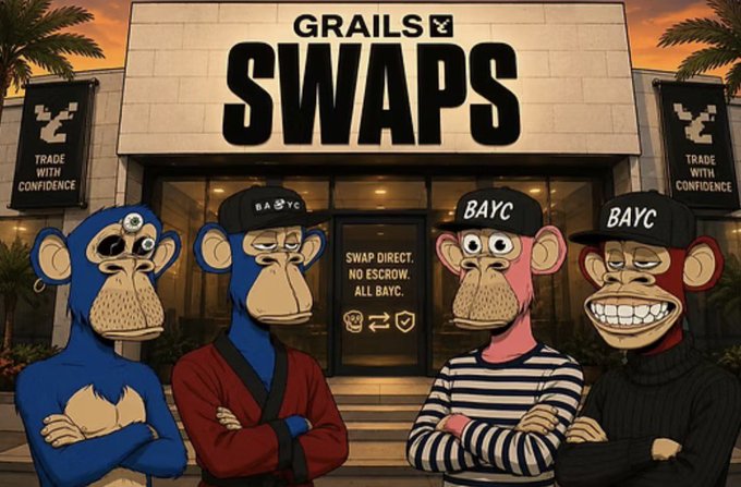An illustration of four Bored Ape Yacht Club (BAYC) NFTs standing in front of a storefront labeled 'GRAILS SWAPS' with text 'TRADE WITH CONFIDENCE' and 'SWAP DIRECT. NO ESCROW. ALL BAYC.'