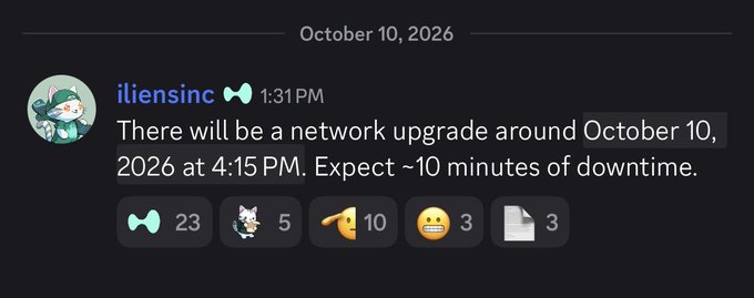 A Discord message from 'iliensinc' dated October 10, 2026, announcing a network upgrade at 4:15 PM with ~10 minutes of downtime.