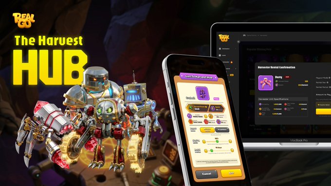 The image features a promotional poster for a new video game called "The Harvest Hub" that showcases a robot, a laptop, and a cell phone with an app icon displayed. The poster also includes text promoting the game's rental system, which allows players to rent out their robots or use them in the game. The focus of the image is on the rental system, highlighting its features and benefits for gamers who want to earn money by renting out their robots or using them in the game.