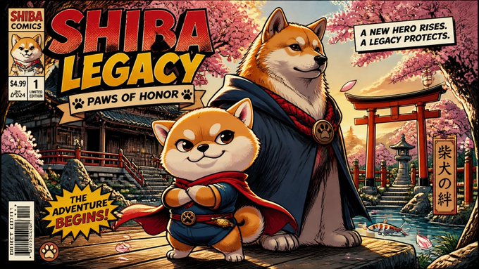 This vibrant comic book cover for "SHIBA LEGACY: Paws of Honor" ($4.99, Issue #1) features a large warrior Shiba Inu standing alongside a smaller, cape-wearing pup in a cherry blossom Japanese setting with a torii gate, captioned "A new hero rises. A legacy protects" and "The adventure begins!"—visually representing the post's theme of legacy passing to the next generation through BabyShib, the younger pup stepping into a heroic new chapter.
