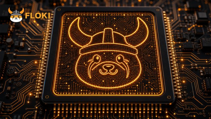 A glowing orange circuit board features the Floki viking dog mascot rendered in illuminated chip pathways, with "FLOKI" branded in the upper left corner—visually representing the project powering up like a system executing its "Floki.exe" program.